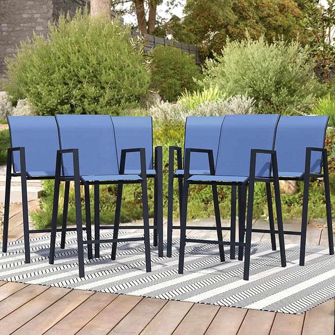 Outdoor Bar Stools Set of 6, 44'' Patio Bar Chairs with Textile High Back, Bar Height Chairs with Straight Armrest and Footrest, Blue