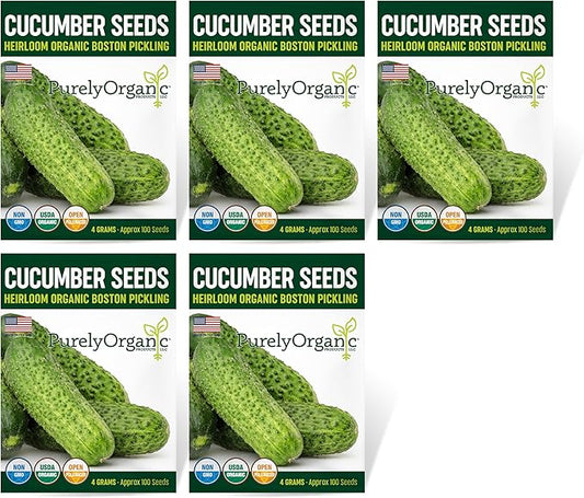 Purely Organic Products Boston Pickling Cucumber Seeds, Heirloom Organic, 3-6 inch Fruits (5 Packets - 20 Grams - Approx 500 Seeds)