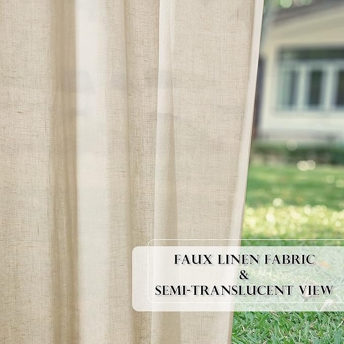 RYB HOME Outdoor Indoor Farmhouse Linen Sheer Curtains - Rustic Semi Sheer Privacy Drapes with Curtain Ropes for Patio Gazebo, 52 inch Wide x 108 inch Long, 2 Panels, Beige