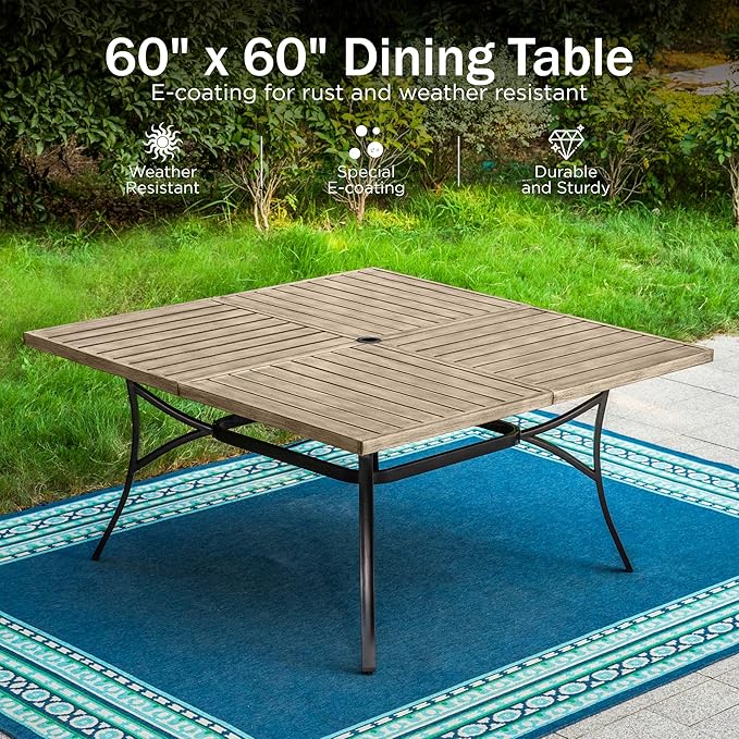 PHI VILLA 9 Pieces Outdoor Dining Set for 8, 60” Square Wrought Iron Table with Wood-Like Tabletop & Swivel Metal Steel Chairs, Large Outside Furniture Set for Patio, Porch, Deck, Backyard