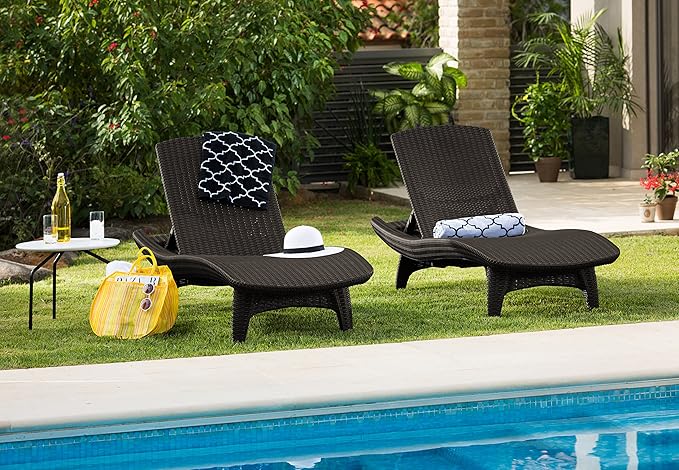 Keter Set of 2 Pacific Sun Lounge Chair Outdoor Chaise Pool Chairs with Resin Rattan Look and Adjustable Back