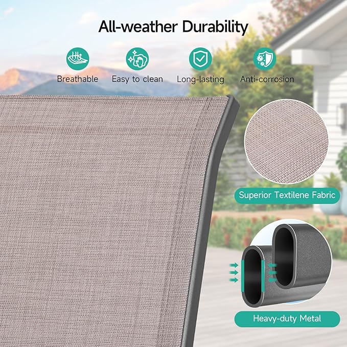 Patio Chairs Set of 2, Easily Set Up Stackable Outdoor Dining Chairs with High Back and Wide Seat, All Weather Breathable Outdoor Chairs Set of 2 with Metal Frame for Backyard Deck Pool, Brown