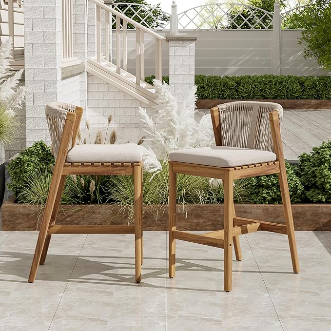 Christopher Knight Home Cuz Patio Barstool Set of 2, Outdoor Counter Height Stool with Sturdy Acacia Wood Frame and Rope Backrest, Bar Stool with Seat Cushion for Backyard Garden, Beige + Teak