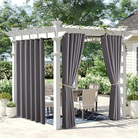 NICETOWN 2 Panels Extra Wide Outdoor Curtains for Patio Waterproof W84 x L84, Rustproof Grommet Weighted Blackout Indoor Outdoor Drapes Sound Reducing Privacy for Gazebo/Pergola, Grey