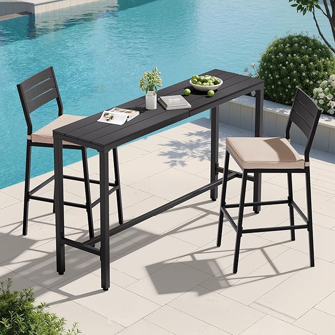 Crestlive Products Outdoor Bar Table and Chairs Set, 3 Piece Outside Patio Bar Set with 63" Long Bar Table and 2 Bar Stools for Balcony, Bistro, Garden, Backyard(Black Desktop and Beige Cushion)