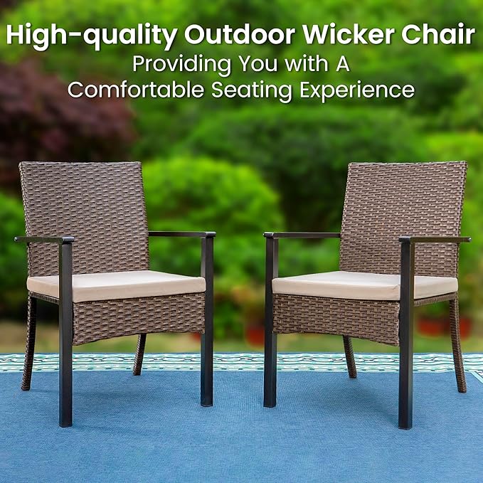 PHI VILLA 9 Pieces Outdoor Dining Set for 8, 83" Long Rectangle Wrought Iron Table with Umbrella Hole & Cushioned Wicker Chairs, Large Furniture for Patio, Deck, Backyard, Porch