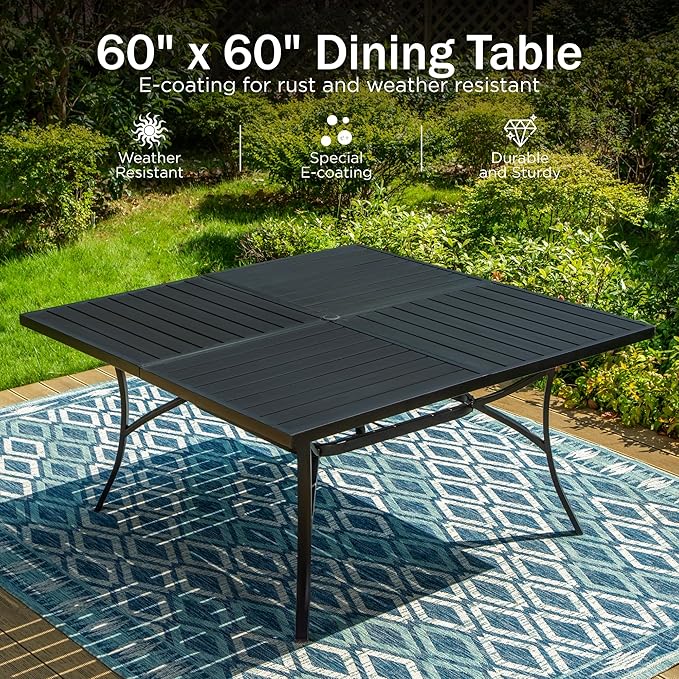 PHI VILLA 9 Piece Outdoor Dining Set for 8, 60" Square Metal Wrought Iron Table with Umbrella Hole & Brown Wicker Chairs with Cushions, Modern Outside Furniture for Patio, Deck, Backyard, Porch