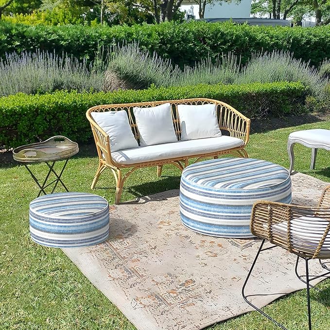 LVTXIII Outdoor Inflatable Ottoman, Fade-Resistant Round Footrest Stool D31”x H14”, Portable Patio Pouf for Garden Camping or Home Use, Stripe Layered Blue