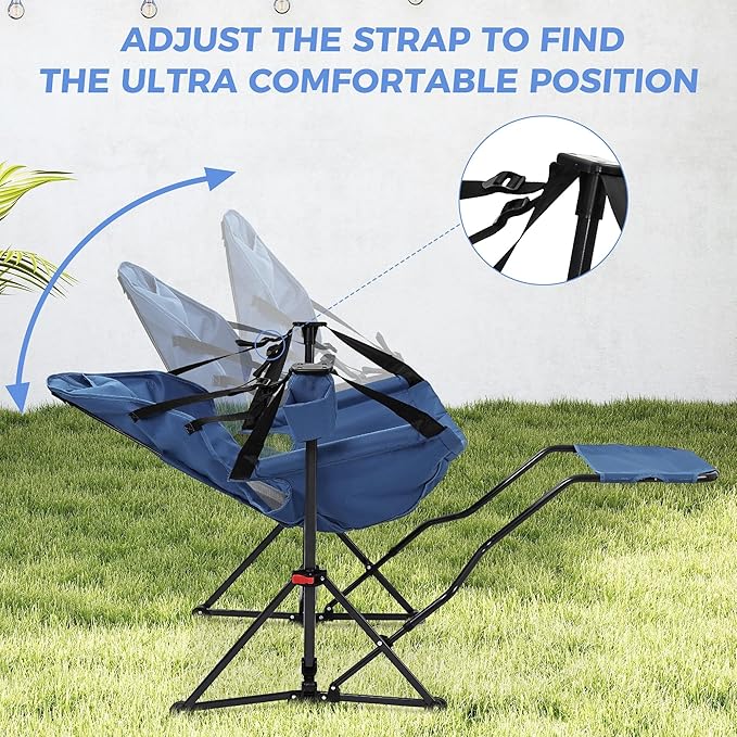 Ainfox Hammock Chair with Footrest, Oversized Swinging Portable Folding Camping Chairs for Adults Outside Swinging Camp with Cup Holder Pillow for Outdoor Patio Lawn Dark Blue