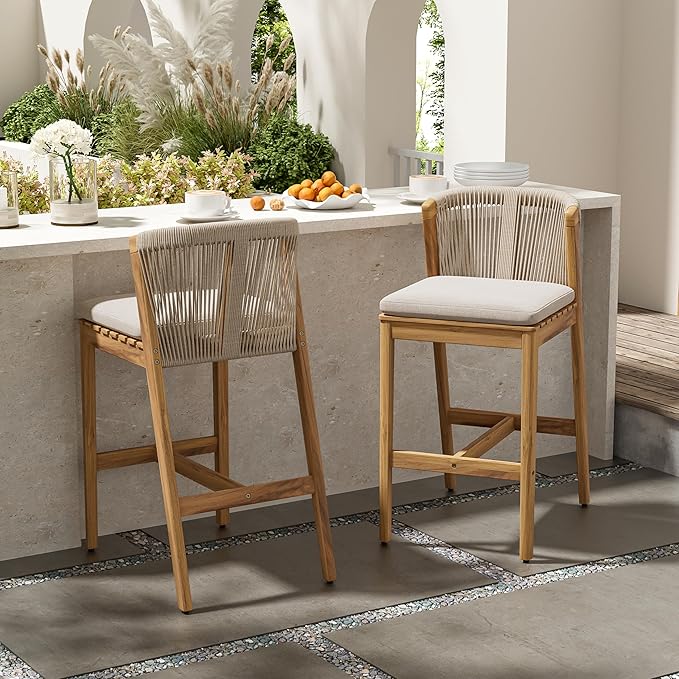 Christopher Knight Home Cuz Patio Barstool Set of 2, Outdoor Counter Height Stool with Sturdy Acacia Wood Frame and Rope Backrest, Bar Stool with Seat Cushion for Backyard Garden, Beige + Teak