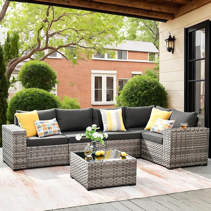 ovios 6 Pieces Patio Furniture Set, Outdoor Wicker Sectional Sofa with Glass Table Comfy Cushions, Modern Modular Deep Seat Couch Rattan Conversation Set, Black