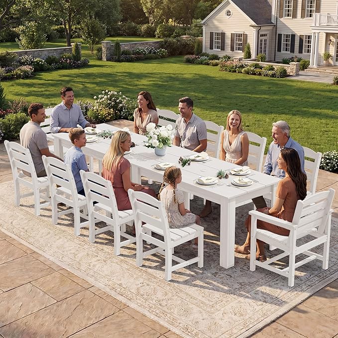 SERWALL Outdoor Dining Sets for 6, HDPE Dining Sets with 1 Umbrella Hole Cut-Out Rectangular Table and 4 Armless Chairs and 2 Armchairs, Patio Dining Sets, White