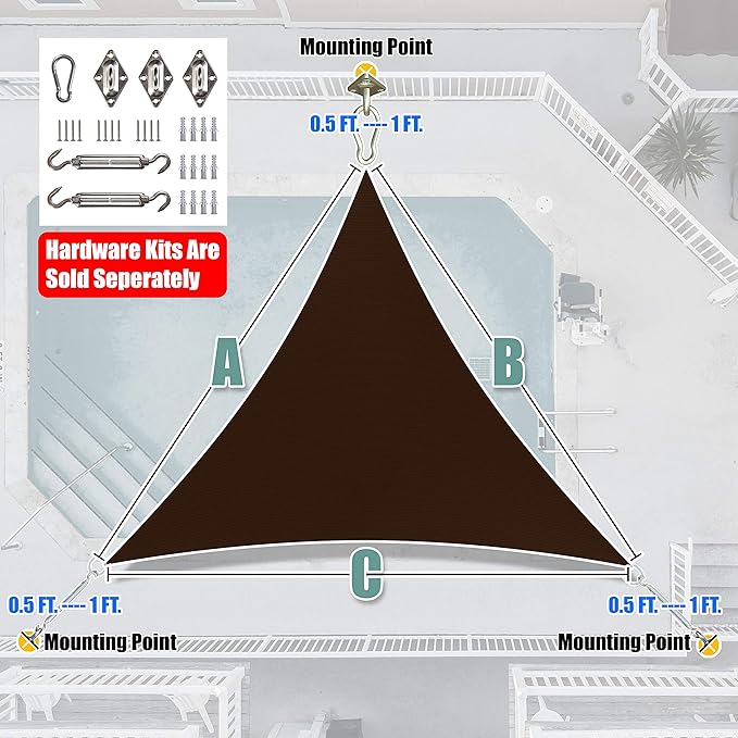 Amgo 10' x 10' x 10' Brown Triangle Sun Shade Sail UPF50+ Canopy Awning AGSLT, 95% UV Blockage, Water & Air Permeable, 200GSM Heavy Duty Commercial and Residential (We Make Custom Sizes)
