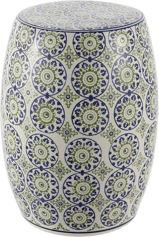 JONATHAN Y TBL1025A Lula 17.25" Suzani Ceramic Indoor/Outdoor Garden Stool, Blue/Green, Classic, Coastal, Bohemian, Traditional, Mediterranean, Cottage for Living Room, Garden, Outdoor, Home