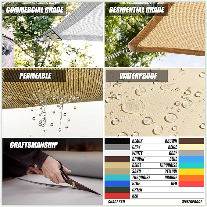 ColourTree TAPR1616 Custom Size 8' x 9' Grey Sun Shade Sail Canopy UV Block UPF50 Rectangle - Commercial Standard Heavy Duty - 190 GSM - 3 Years Warranty