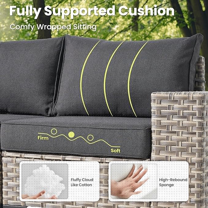ovios 5-Piece Patio Furniture Set with L-Shape Sofa Chaise, Outdoor Sectional Couch Solar Table, Modern Modular Wicker Rattan Conversation Set, Black