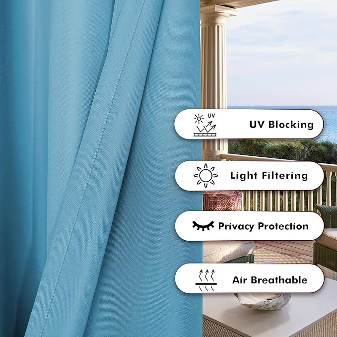 BONZER Waterproof Outdoor Curtains for Patio Porch Pergola Cabana Thick Privacy Wide Grommet Indoor Curtains for Bedroom Living Room, 1 Panel, 110W x 84L inch, Teal