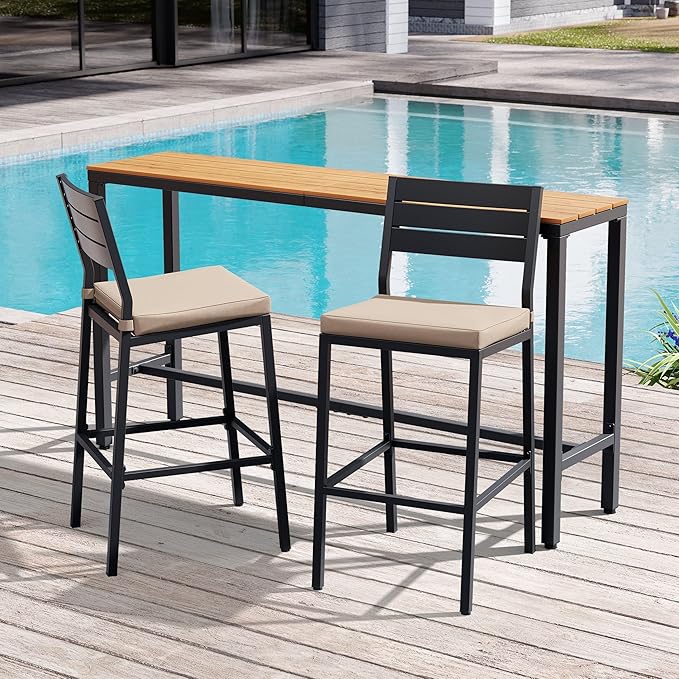 Crestlive Products Outdoor Bar Table and Chairs Set, 3 Piece Outside Patio Bar Set with 63" Long Bar Table and 2 Bar Stools for Balcony, Bistro, Garden, Backyard(Brown Desktop and Beige Cushion)