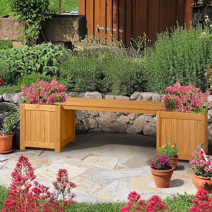 VINGLI Outdoor Wood Bench with Planter Boxes, 2-in-1 All-Weather Porch Bench Seat ＆ Open-Ended Wooden Raised Garden Bed, for Balcony Yard Patio (2 Boxes)
