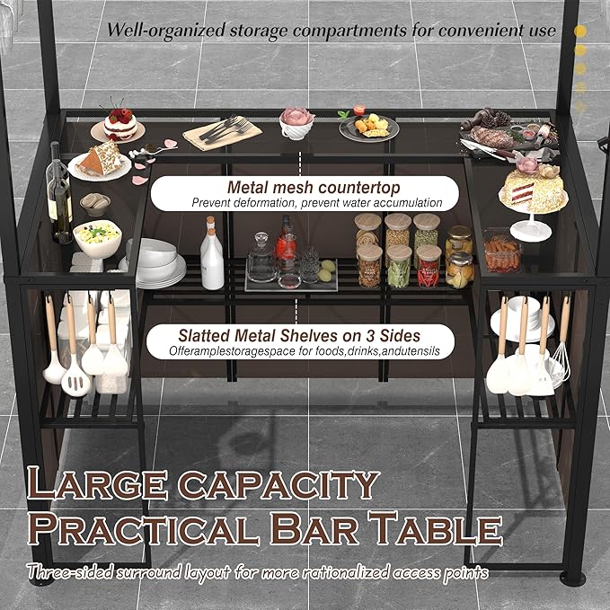 Grepatio 3 Piece Patio Bar and Grill Set, Grill Gazebo with Bar Table and 2 Foldable Stools, Outdoor Bar Set with Canopy, Extra Adjustable Shadow, Storage Shelves, Glass Holders for Garden Backyard