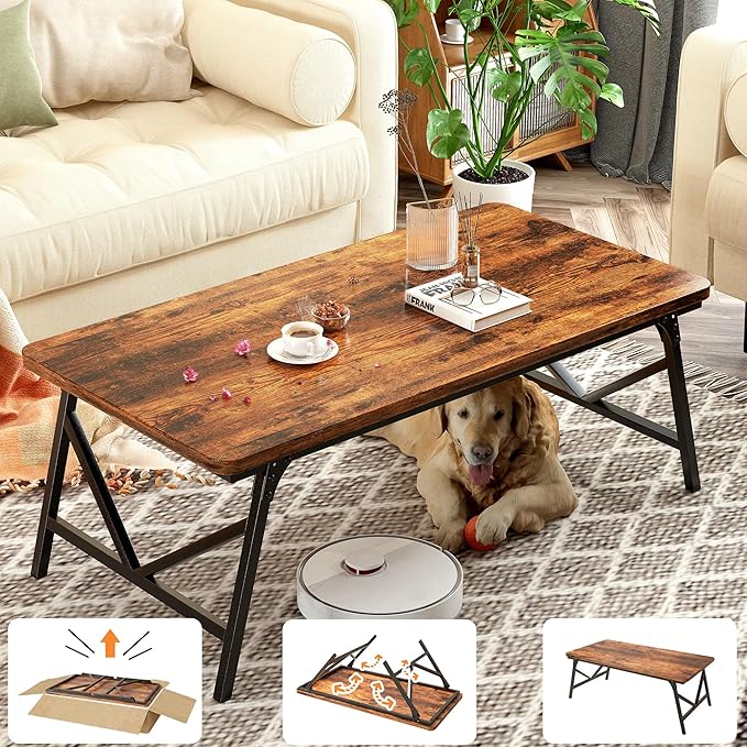 Folding Coffee Table, No Assembly Low Coffee Table, Floor Table Desk for Sitting on The Floor, Portable Floor Table for Living Room, Home, Caravan and use, 39.4L‘ x 19.7W’ x 15.8H’