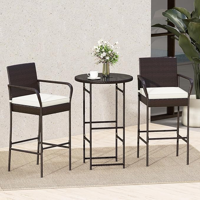 Tangkula 3 Piece Outdoor Bar Set, Patio Rattan Heavy Duty Bar Height Glass Top Table & Chairs w/ 2 Cushioned Barstools, for Porch, Yard, Poolside