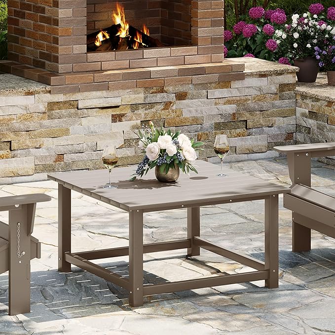 WestinTrends Malibu Low Outdoor HDPE Square Patio Coffee Table, Weathered Wood