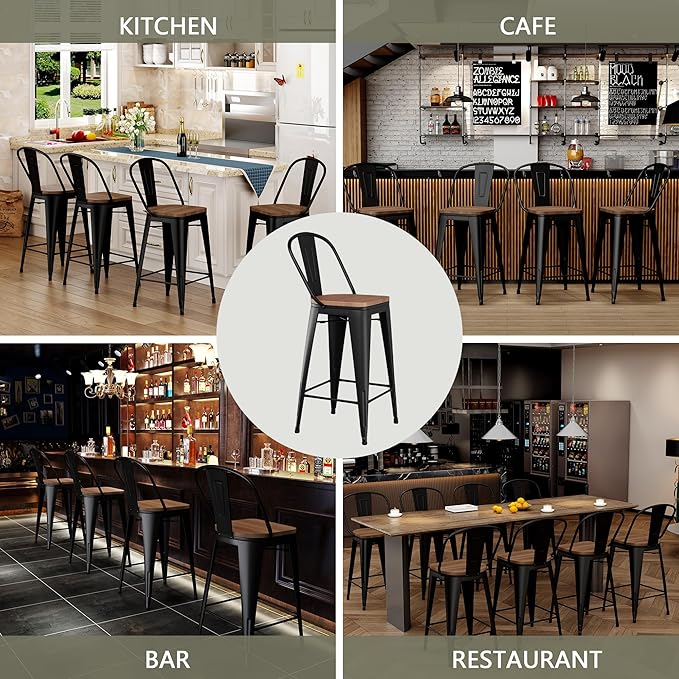 Yongqiang 26 inch Bar Stools Set of 4 Black Metal Counter Height Stools Modern Farmhouse Kitchen Island Barstools Bar Chairs with Large Wooden Seat, High Back