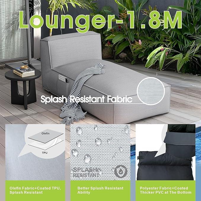 Outdoor Bean Bed Chair Sun Lounger, Outdoor Couch Sofa for Patio & Pool, Foam Filling Day Bed Furniture, Comfy Lazy Sofa for Outside, Water-Resistant Seating (Higher Back Light Gray, 70'' L)
