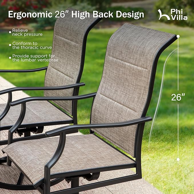 PHI VILLA Swivel Patio Chair Set of 6, 42" High Back Outdoor Chairs with Padded Fabric & E-Coating Frame, All Weather-Resistant for Deck Lawn Garden