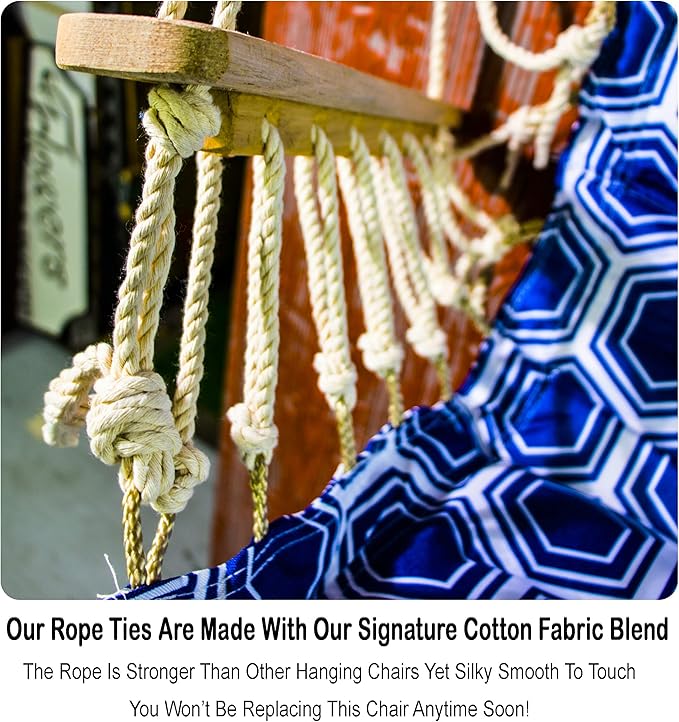 Hammock Chair Hanging Rope Swing, *12 Patterns, Quality Comfortable and Breathable Fabric - Indoor/Outdoor - Navy w/White Rings