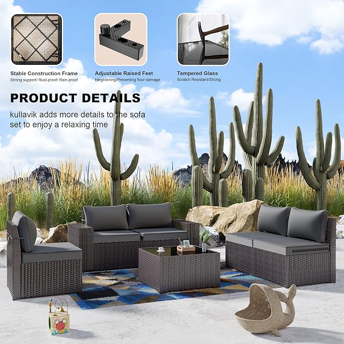 Kullavik Outdoor Patio Furniture Set 6 Pieces Sectional Rattan Sofa Set Brown PE Rattan Wicker Patio Conversation Set with 5 Seat Cushions and 1 Tempered Glass Table,Grey