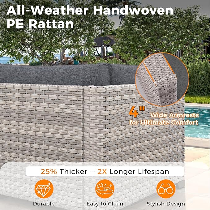 14-Seat Modern Patio Furniture Set with Swivel Rocking Chairs, Thick 4″ Cushions, Dual-Strand Wicker Rattan, Rust-Resistant Steel Frame – Outdoor Conversation & Modular Sectional,Black