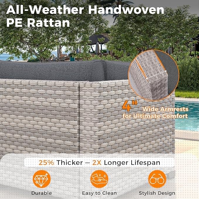 10-Seat Modern Patio Furniture Set with Swivel Rocking Chairs, Thick 4″ Cushions, Dual-Strand Wicker Rattan, Rust-Resistant Steel Frame – Outdoor Conversation & Modular Sectional,Black