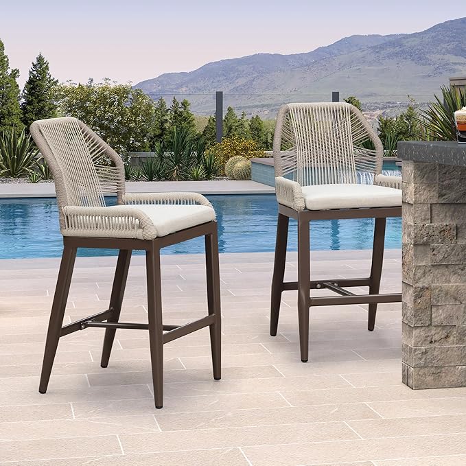 PURPLE LEAF Patio Bar Stool Counter Height Set of 2 Outdoor Rattan Chairs with Back Modern Aluminum Woven Barstools for Garden Indoor Kitchen Coffee