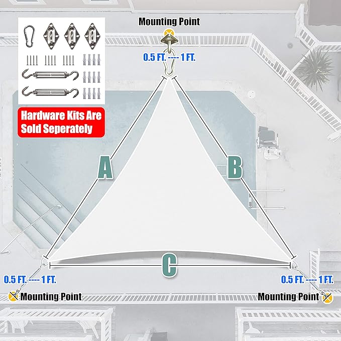 Amgo Custom Size 24' x 24' x 24' White Triangle Sun Shade Sail Order to Make Canopy Awning UPF50+ AGSLT, 95% UV Blockage, Water & Air Permeable, 200GSM Commercial Standard (We Customize)