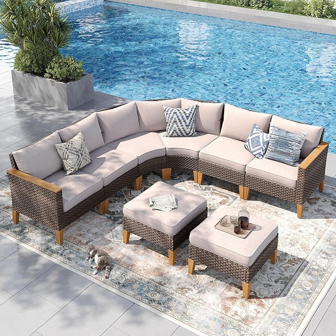 PHI VILLA 7-Piece Curved Patio Furniture Set, Half-Moon Wicker Sectional Furniture Sofa Set for 8 Seats with Cushioned 1 Curved Sectionals, 2 armless Seats, 2 one armrest Sofas and 2 Ottomans, Beige