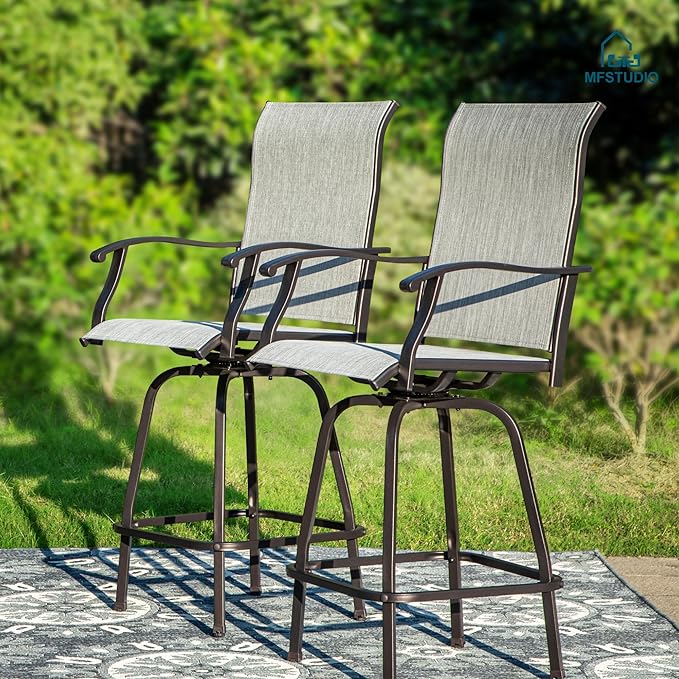MFSTUDIO Outdoor Bar Stools Set of 6, Swivel Bar Height Patio Chairs Outdoor Barstools High Top Patio Swivel Bar Chairs, Breathable Textilene, Light Grey