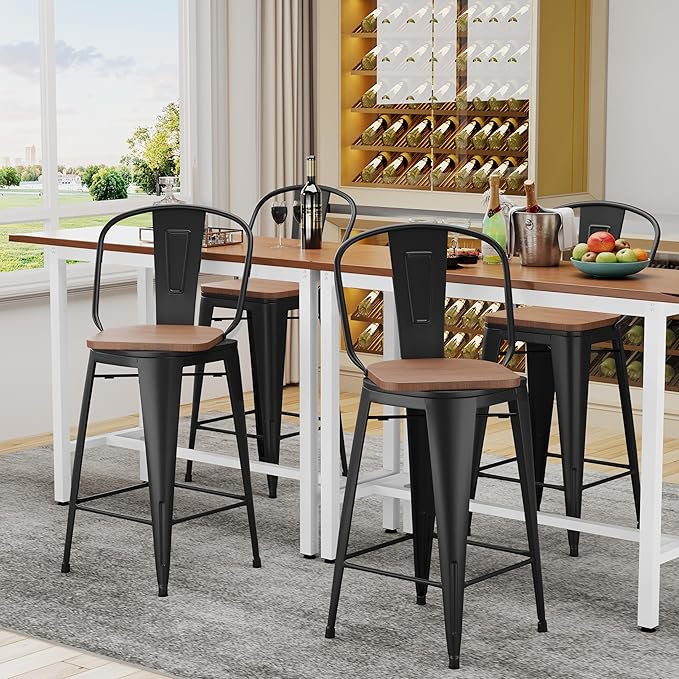 Alunaune 30" Swivel Metal Bar Stools Set of 4 High Back Counter Height Barstools Industrial Dining Bar Chairs with Large Wooden Seat-Matte Black