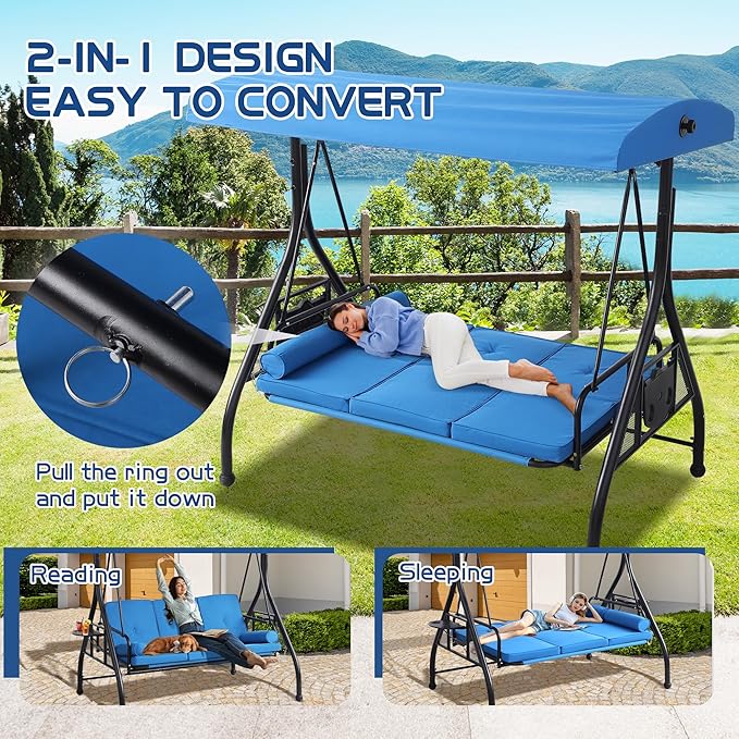 3 Seat Outdoor Porch Swings with Adjustable Canopy - Patio Porch Swing Glider Bench with Stand, Heavy Duty Swing Bed W/Cushions Pillows and Cup Holder for Backyard Garden Lawn Poolside (Blue)