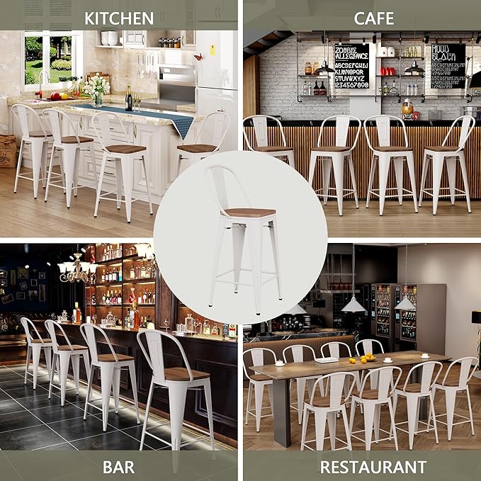 Yongqiang 26 inch Metal Bar Stools Set of 4 Farmhouse Kitchen Island Counter Height Bar Chairs High Back Barstools with Large Wooden Seat Cream White