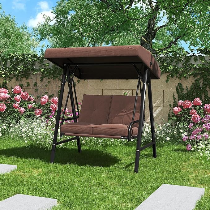AECOJOY Outdoor Patio Swing Chair for Adults, 2-Seat Porch Swings with Adjustable Canopy, Outside Swing Bench with Removable Cushion, Suitable for Backyard, Garden, Yard, Poolside, Balcony