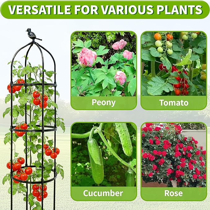 6.7FT Garden Obelisk Trellis for Climbing Plants,Adjustable 5-Tier Metal Plant Support,Rustproof Outdoor Plant Tower with 3 Decorative Tops for Roses,Tomatoes,Clematis & Vines,Black