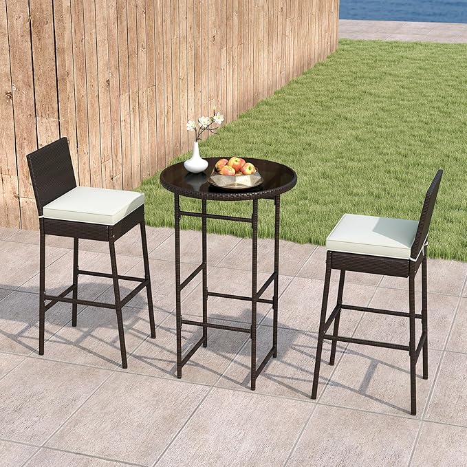 Tangkula 3 Piece Outdoor Bar Set, Patio Rattan Bar Height Heavy Duty Metal Frame Table & Cushioned Chairs, for Porch, Yard, Poolside and Bistro