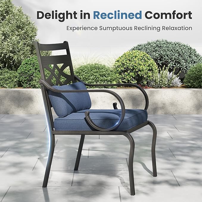 PHI VILLA 7 Pieces Outdoor Dining Set for 6, 54" Round Black Metal Table with Umbrella Hole & Wrought Iron Chairs, Large Outside Furniture with Blue Cushions & Pillows for Patio, Deck, Porch