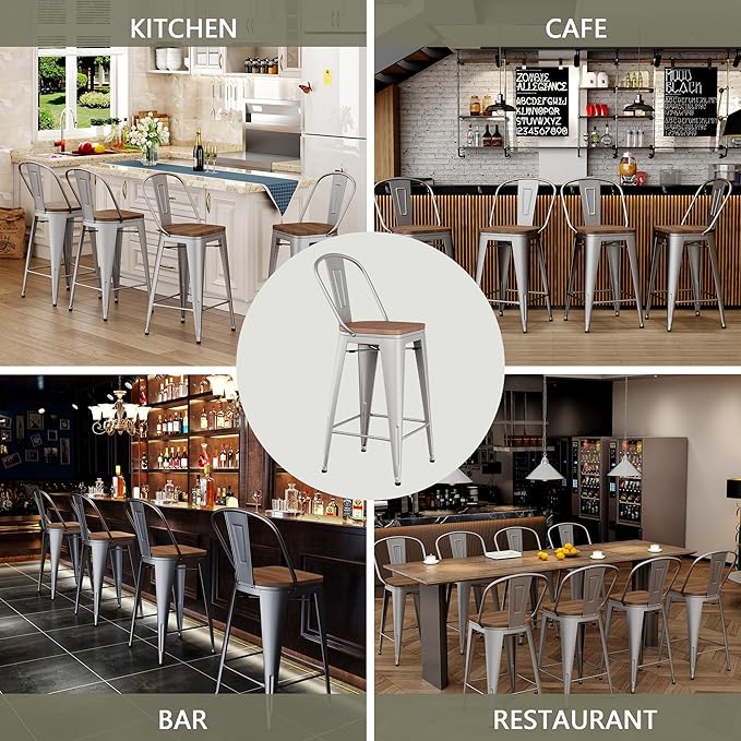 Yongqiang 26 inch Bar Stools Set of 4 Kitchen Counter Height Bar Chairs Modern Farmhouse Metal Barstools with Large Wooden Seat, High Back Silver