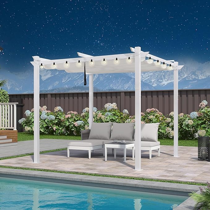 PURPLE LEAF 10' x 10' Outdoor Aluminum Pergola White Heavy-Duty Retractable Pergolas Patio Metal Pergola with Double Sun Shade Canopy and Light for Backyard Gardens Deck, White