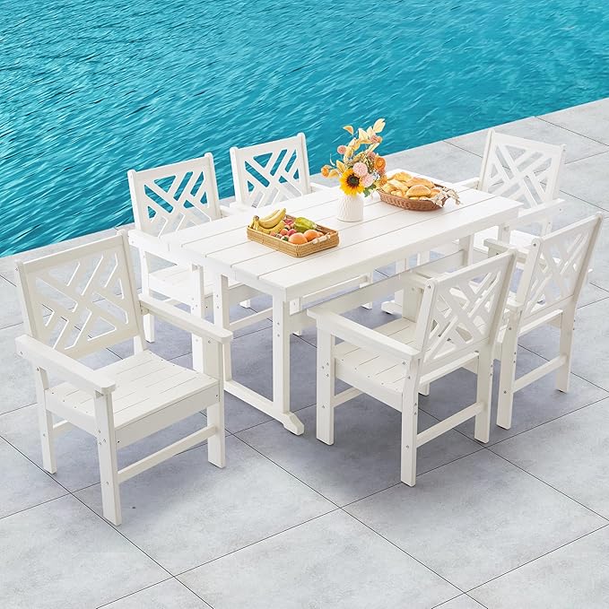HDPE Dining Table Set for 6,7-Piece Outdoor Table and Chairs Include 6 Dining Chairs and 62.5" Patio Dining Table with Umbrella Hole (White)