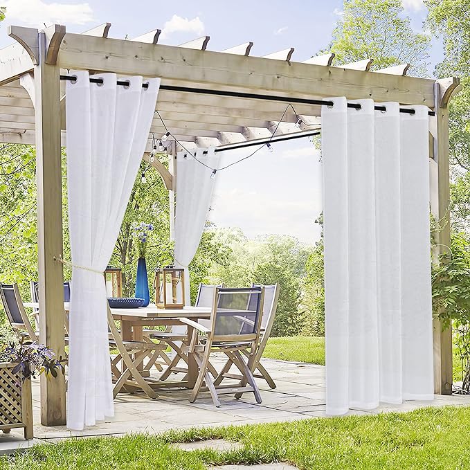 RYB HOME 2 Panels Outdoor Curtains for Patio - Linen Look Semi-Sheer Curtains for Patio Waterproof, Indoor Outdoor Drapes for Gazebo Pergola Balcony Pool Spa, Wide 54 x Long 84