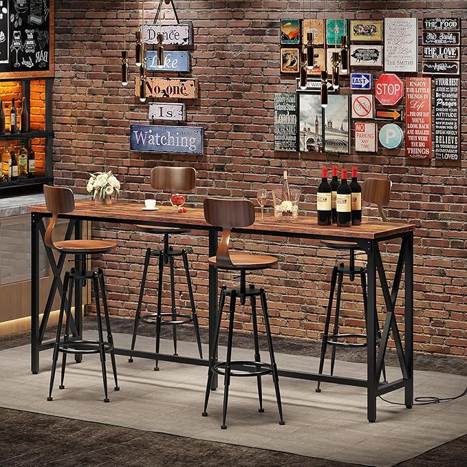 70.9'' Bar Table, Kitchen Dining Table with Power Outlet and Footrest, Industrial Style, for Pub, Living Room, Rustic Brown and Black TBT08UBF